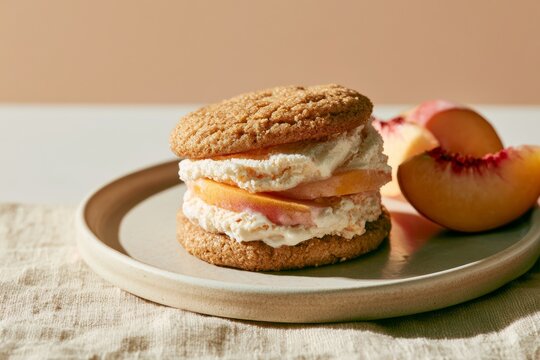 Gourmet ice cream sandwich with peach slices between two brown sugar cookies on a beige plate, accompanied by fresh peach halves on a light linen cloth