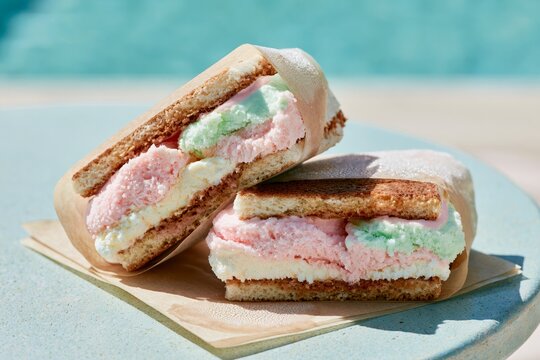 Two ice cream sandwiches with pastel pink and green filling placed on a light-colored surface, with a blurred pool in the background creating a refreshing summer vibe