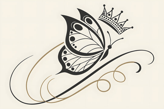 Black and gold butterfly with a crown and decorative swirls on light background.