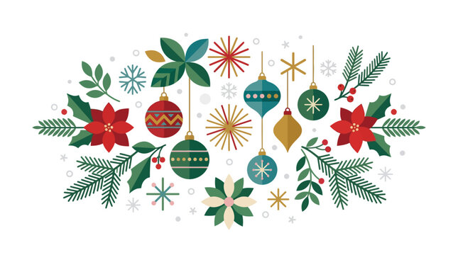 Modern flat design Christmas vector illustration featuring hanging ornaments, red poinsettia flowers, green pine branches, holly leaves with berries, and mid-century snowflakes.
