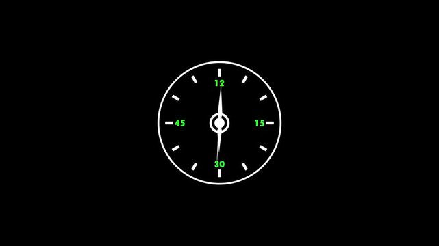 clock icon animation on black background. analog clock timer circle animated. 12 Hours Clock. digital clock animation with clock face.