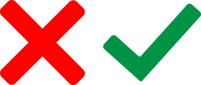 Red cross and green check mark isolated on white background, for choice and validation