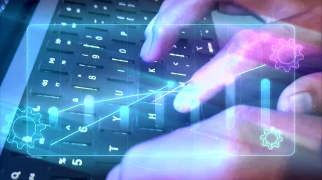 Hand typing on laptop keyboard with digital hologram financial chart gear for enterprise technology data analytics performance optimization business revenue growth investment strategy success profit