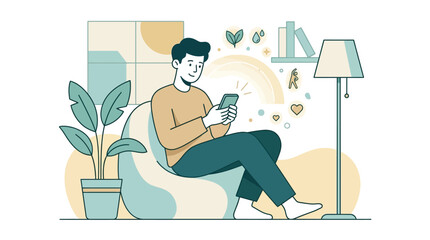 Obraz premium Flat vector illustration of a man sitting in a beanbag chair at home using a smartphone, featuring icons for wellness and social media, minimalist interior with plant and lamp.