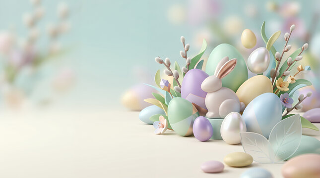 Pastel Easter Still Life with Rabbit Figurine and Colorful Eggs on Soft Spring Surface with Copy Space