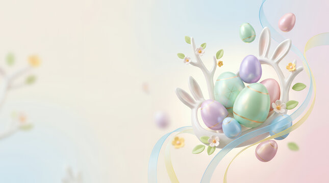 Pastel Easter Eggs and Spring Flowers with Bunny Ear Basket and Copy Space for Seasonal Greeting
