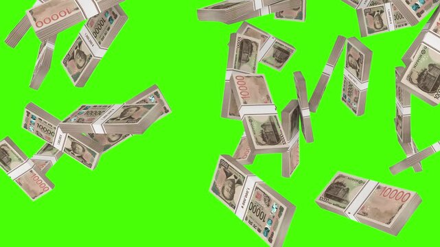 Stacks of ten thousand japanese yen banknotes falling on a green screen.