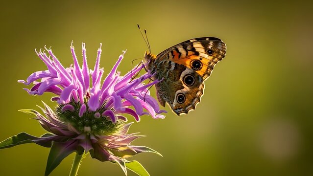Painted lady butterfly resting on a purple bee balm flower in summer