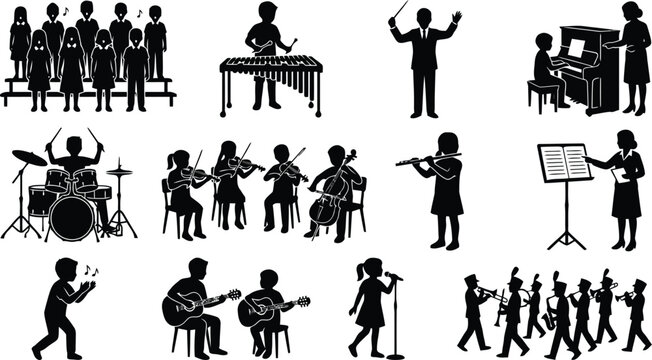 Collection of black silhouettes depicting children participating in various musical activities, playing instruments, and singing in a choir
