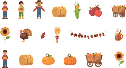 Thanksgiving autumn harvest vector element set featuring cute farmers scarecrow pumpkin turkey sunflower hay wagon and fall seasonal festival decorations © Monirul