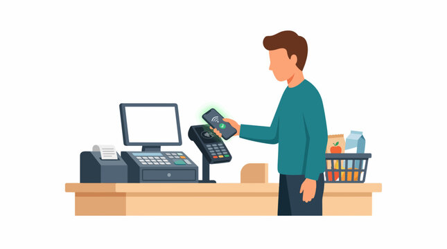 Man making contactless payment with smartphone at grocery store checkout counter in white background.
