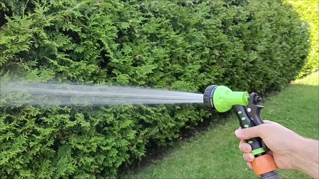 Sprinkler spraying water. Watering green thuja hedge with a garden hose spray nozzle gun. Garden care concept.