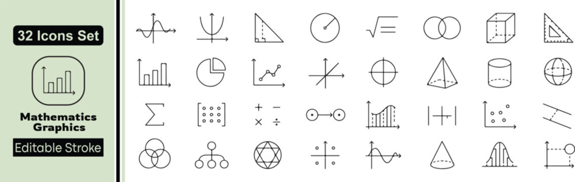 Mathematics Graphics Line Icons Set - 32 Editable Stroke Geometry, Algebra, Calculus and Statistics Vector Elements