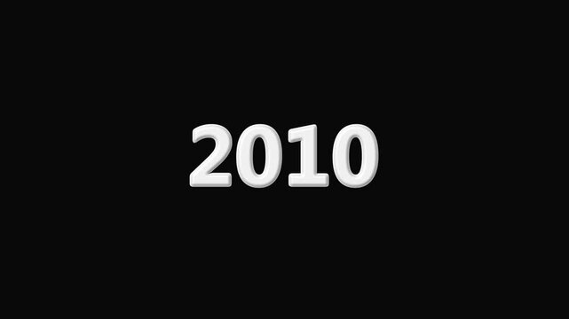 Adam-style counter animation from 2000 to 2010 on a black background. "Rolling year counter transition effect for history videos". Loop animation of old year counter and new year arrival.