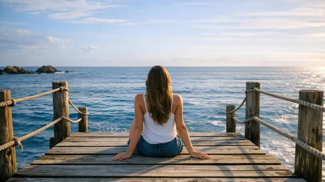 Woman sits on wooden pier overlooking calm ocean. Sunlight glows softly over blue waters. Ropes and posts frame her quiet moment. Distant rocks dot the horizon line. Sky shows gentle clouds above
