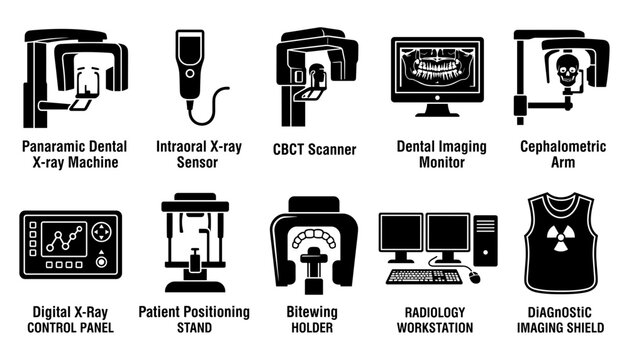 Dental X-Ray Machines and Equipment Icons Set with Labels Featuring Machine, Panoramic, Intraoral with Sensor and Cbct Elements