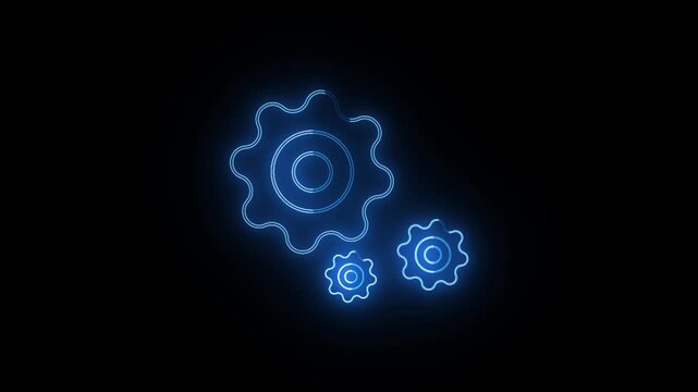 Neon glowing blue color gear setting icon on black background animation, Technology setting icon .technical concept and networking concept.neon 3 settings icon and networking system.