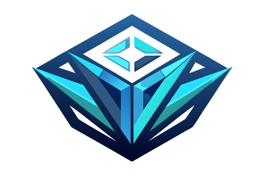 Futuristic diamond shaped crystal emblem with glowing blue light facets.