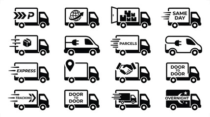 Obraz premium Delivery trucks with service icons in a grid for logistics and shipping concepts