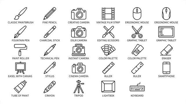 Creative tools icons arranged in a grid with clean lines and white background for graphic design