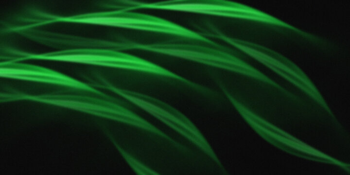 Abstract green glowing wave lines on black background with grain texture