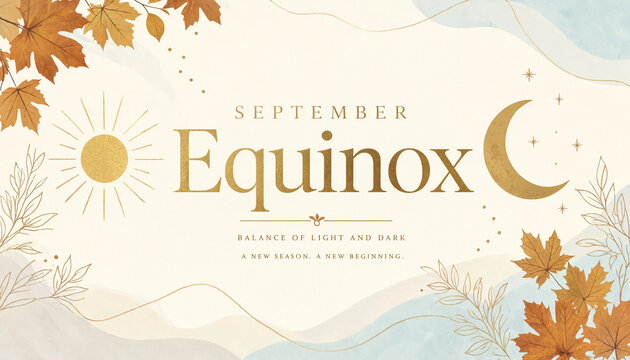 September equinox seasonal design featuring autumn leaves sun and crescent moon, september