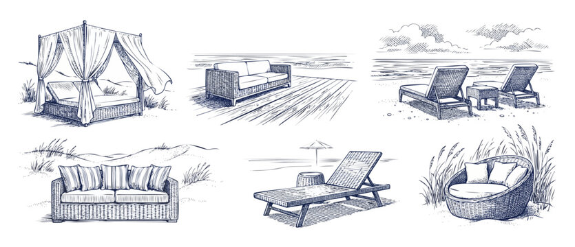 Beach furniture sketch illustration set featuring wicker sofa, canopy daybed, outdoor lounge chairs, and coastal patio deck elements in hand drawn engraving line art style ideal for summer resort plan