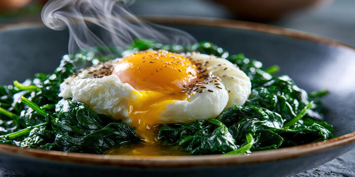Close-up of fried egg on a bed of saut&Atilde;&copy;ed greens with steam rising