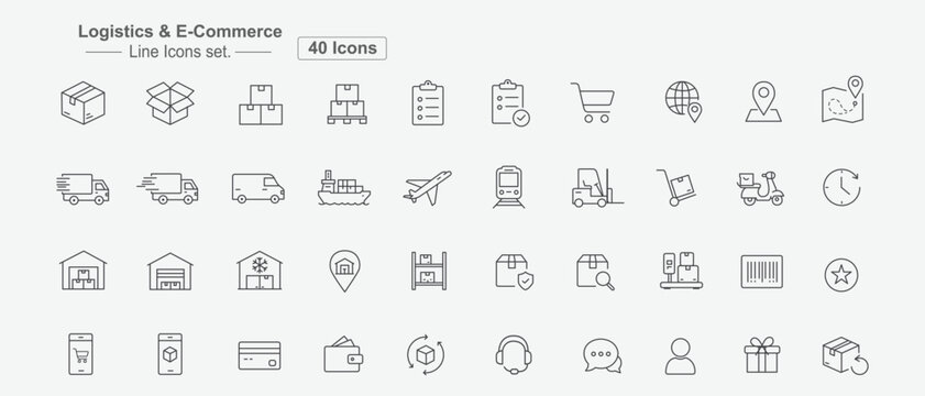 Logistics And E Commerce Line Icons Set Minimalist Outline Illustrations, Editable stroke allows easy customization for web, apps, and print