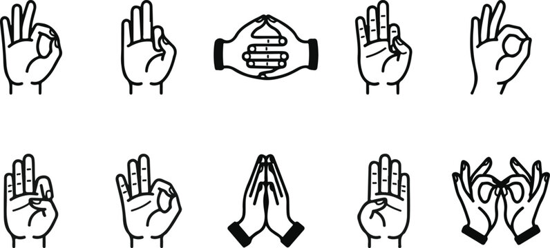 Yoga Mudra Hand Gesture Icon Set &ndash; Meditation, Pranayama, Spiritual Healing and Mudra Symbol Vector Collection