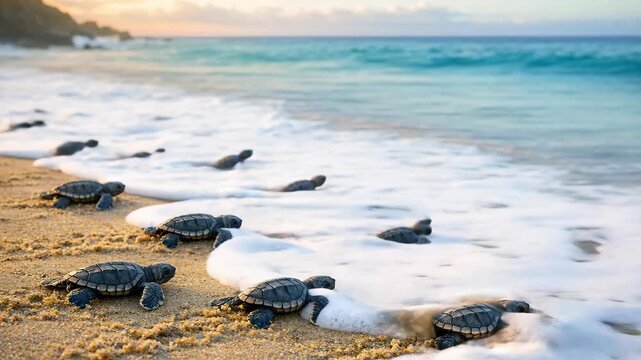 A beautiful scene of newborn sea turtles emerging from their nests onto a sandy beach, ready to start their journey into the ocean.