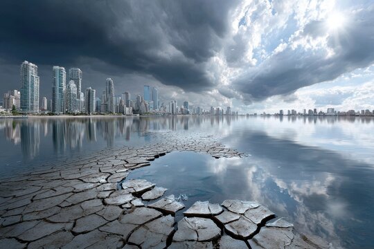 Glistening water mirrors a modern skyline as dark storm clouds loom over a parched shoreline.