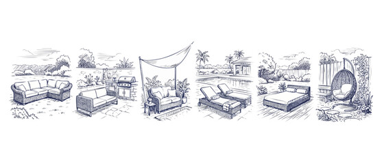 Obraz premium Patio furniture sketch hand drawn illustration set of outdoor living backyard design elements including sectional sofa, pool lounge chair, BBQ grill station, canopy daybed, and hanging egg chair.
