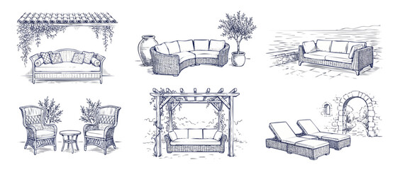 Obraz premium Outdoor wicker furniture sketch set with hand-drawn patio sofas, rattan armchairs, sun loungers, and garden pergola illustrations in blue line art style for backyard landscaping design concepts.