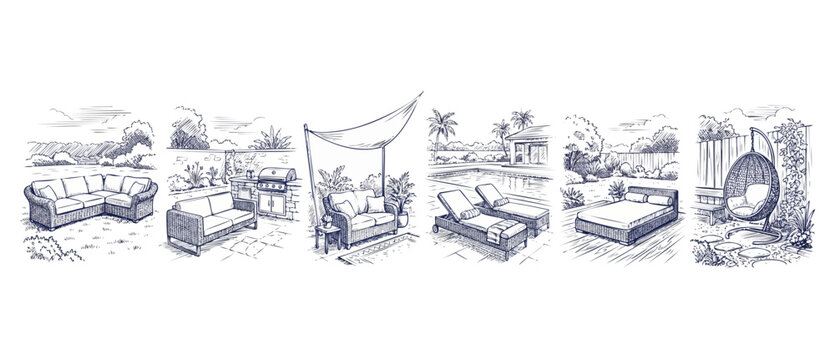 Patio furniture sketch hand drawn illustration set of outdoor living backyard design elements including sectional sofa, pool lounge chair, BBQ grill station, canopy daybed, and hanging egg chair.