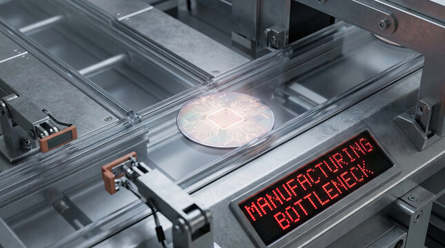 Manufacturing bottleneck semiconductor wafer factory automation industrial machine production line microchip precision engineering metal equipment conveyor system process control, factory view