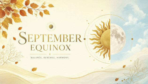 September equinox conceptual design with sun and moon alignment and autumn foliage