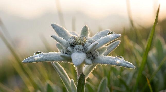 Delicate white edelweiss flower with dew drops in soft focus. Alpine blossom vector illustration for nature and wellness designs.