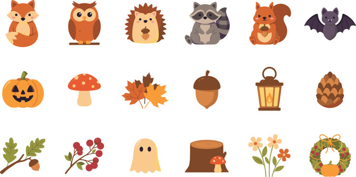 Cute autumn forest woodland animals and Halloween vector illustration set featuring fox owl raccoon pumpkin ghost and fall harvest elements,