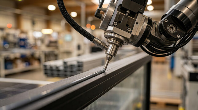 Robotic nozzle sealant industrial automation factory assembly line precision adhesive manufacturing robot arm dispensing applying sealant along metal frame automated production line, precision