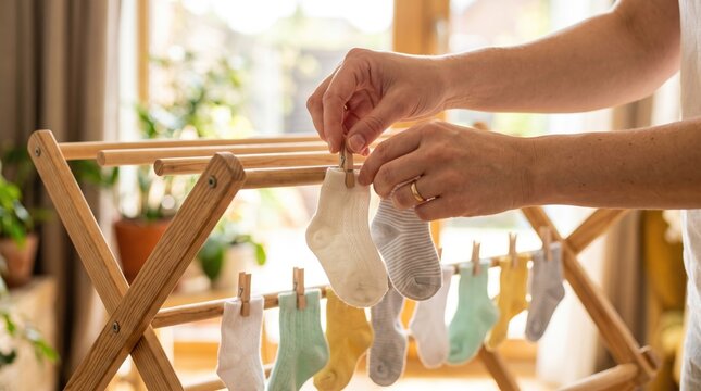 Hands hanging colorful baby socks on wooden drying rack at home with parenting, colorful