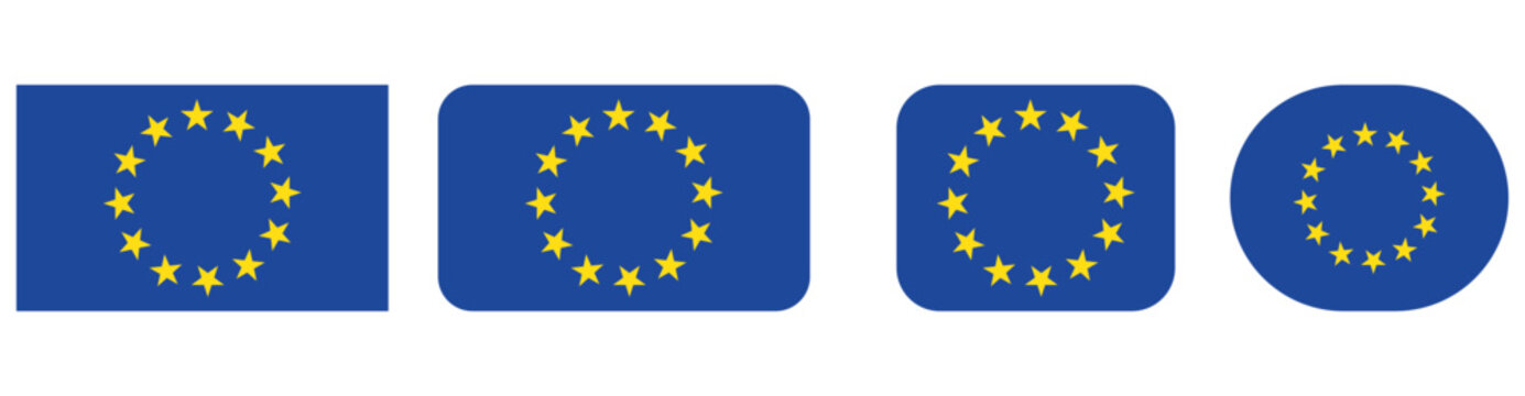 european union flag icon set shown in rounded rectangle and circular shapes with yellow stars flat vector collection