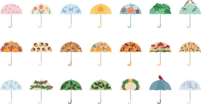 Cute flat vector umbrella collection featuring distinct seasonal designs for spring flowers autumn leaves winter holly and summer sun themes
