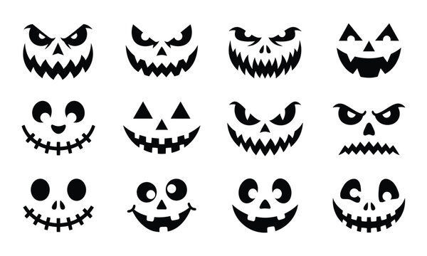 Halloween Pumpkin Face Collection: 12 Spooky Jack O Lantern Carving Icons Vector Illustration Set