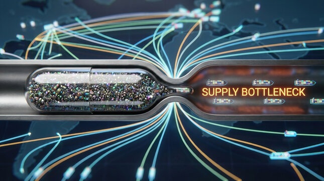 Supply bottleneck supply chain rare earth mineral capsule industry logistics shortage network bottleneck concept showing mineral capsule and global transport flow lines causing industrial supply