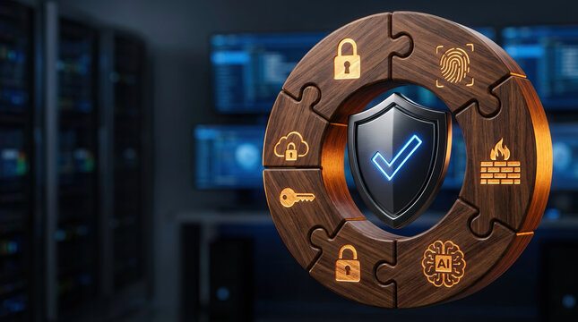 Cybersecurity data protection digital shield network security secure access encryption firewall technology concept showing metallic shield with check mark inside puzzle ring icons server room