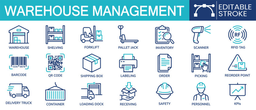 Set of 21 outline icons related to warehouse management. Containing warehouse, forklift, inventory, barcode, delivery truck and more. Linear icon collection. Editable stroke. Vector illustration
