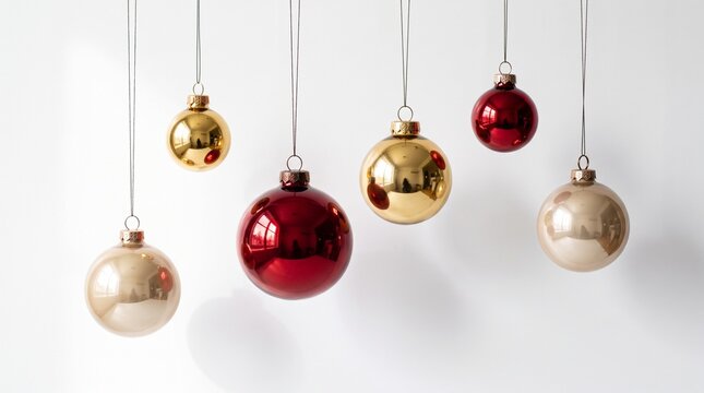 Festive christmas ornaments gold and red baubles hanging for holiday decorations
