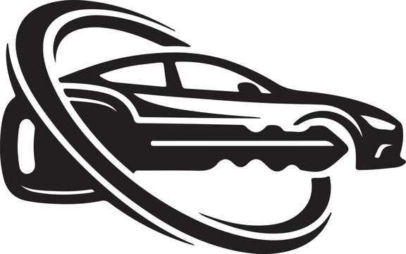 Dynamic logo featuring a modern car integrated with a key, encircled by a sweeping line, representing automotive services and vehicle security on a transparent background.