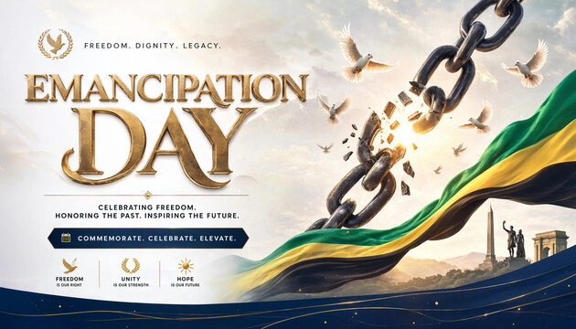 Emancipation day commemoration background with broken chains and national colors, shackles